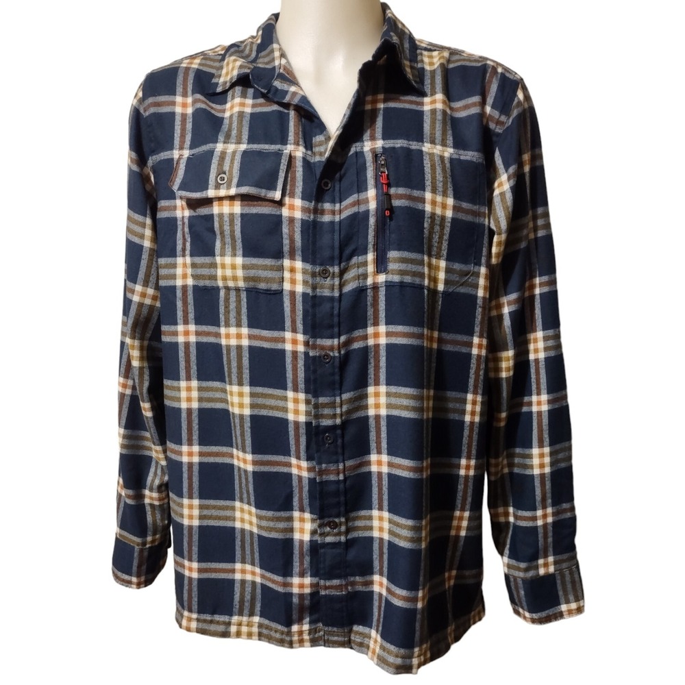 Lake & Trail Flannel Shirt Men's Large Blue Plaid Vented Back Button Down Cotton